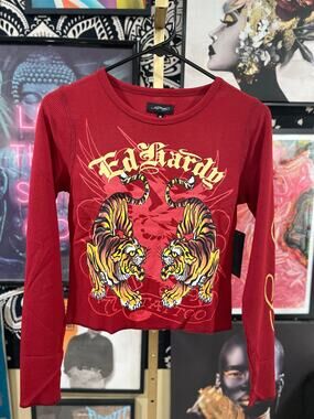 Ed Hardy Deadstock Y2K Style Tigers Red Ribbed Baby Tee Long Sleeve, Size Large
